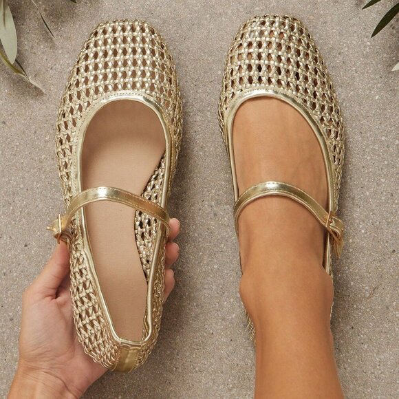 Gold Elegant Womens Woven Pu Square Toe Comfortable Mary Jane Ballet Flats - Picture 3 of 7